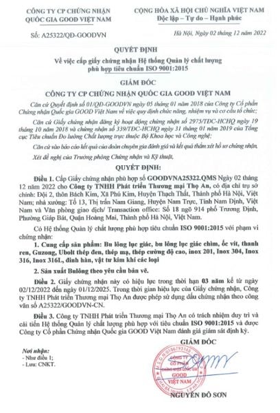 Các chứng nhận bu lông đạt chuẩn mà Thọ An có