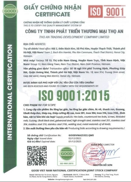 Các chứng nhận bu lông đạt chuẩn mà Thọ An có